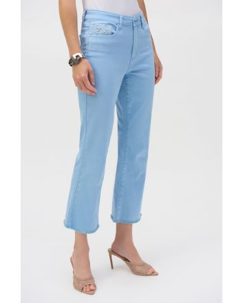 Joseph Ribkoff Sky Blue Stretch Flare Crop Jeans With Frayed Hem Style 252912.