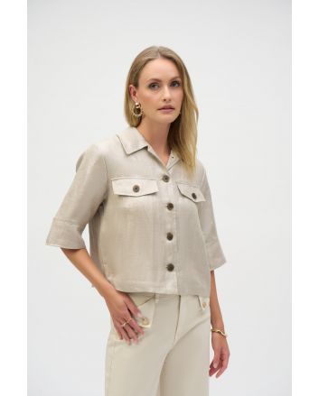 Joseph Ribkoff Champagne Foiled Linen Blend Short Sleeve Boxy Jacket Style 252921.