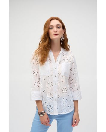 Joseph Ribkoff White Cotton Embroidered Eyelet Boxy Blouse Style 252928.