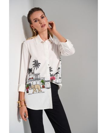 Joseph Ribkoff White/Multi Conversational Print Blouse Style 252930