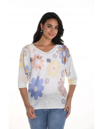 Frank Lyman Off-White/Multi Floral Print Knit Top Style 256795U