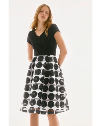 Joseph Ribkoff Black/Vanilla Silky Knit And Novelty Dot Full Skirt Dress Style 251754.