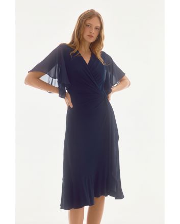 Joseph Ribkoff Midnight Blue Silky Knit And Chiffon Flowy Wrap Dress Style 251706.