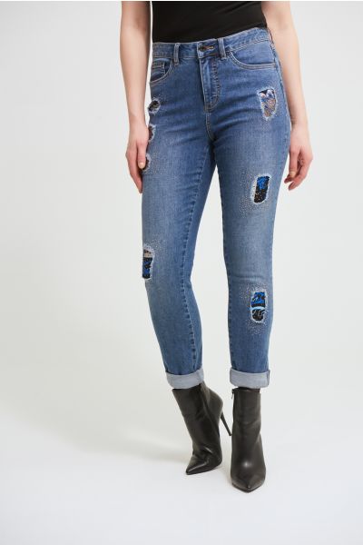 Joseph Ribkoff Denim Medium Blue Patchwork Jeans Style 213980