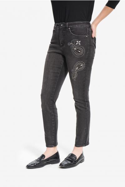 Joseph Ribkoff Charcoal/Dark Grey Rhinestone & Rivet Jeans Style 214929 - Main Image