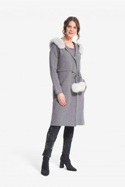 Joseph Ribkoff Light Grey Faux Fur Trim Coat Style 214942 - Main Image