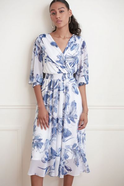 Joseph Ribkoff Blue/Vanilla Wrap Front Floral Dress Style 221344 - Main Image