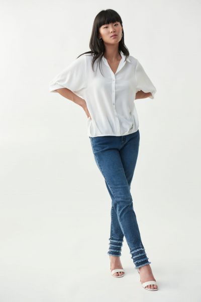 Joseph Ribkoff Denim Medium Blue Frayed Cuff Jeans Style 221921 - Main Image