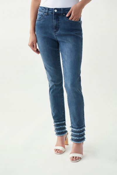 Joseph Ribkoff Denim Medium Blue Frayed Cuff Jeans Style 221921 - Main Image