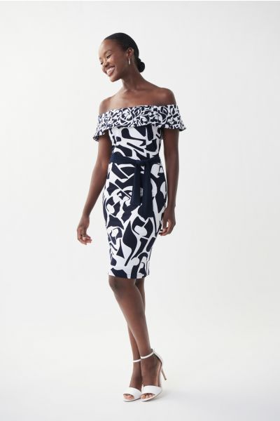 Joseph Ribkoff Vanilla/Midnight Blue Off-Shoulder Geometric Print Dress Style 222192