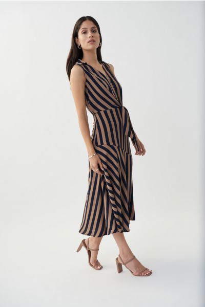 Joseph Ribkoff Midnight Blue/Beige Striped Fit & Flare Dress Style 222207-main