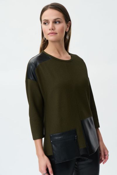 Joseph Ribkoff Olive/Black Faux Leather Patch Top Style 223025