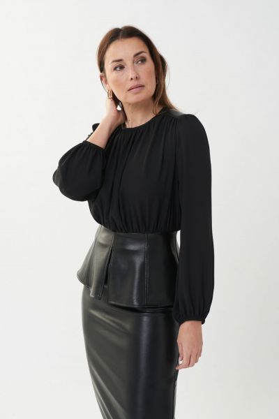 Joseph Ribkoff Black Top with Faux Leather Trim Style 223301