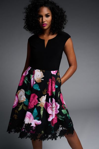 Joseph Ribkoff Black Multi Floral Print Dress Style 223722
