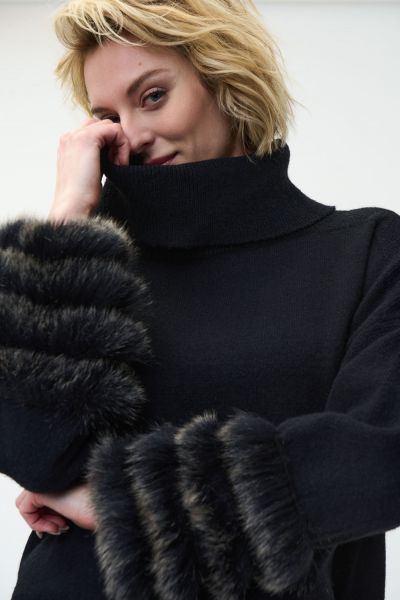 Joseph Ribkoff Black Sweater with Faux Fur Trims Style 224940