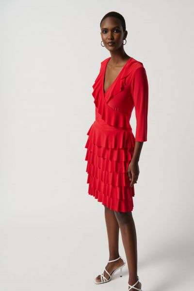 Joseph Ribkoff Magma Red Silky Knit Flounce Wrap Dress Style 231081
