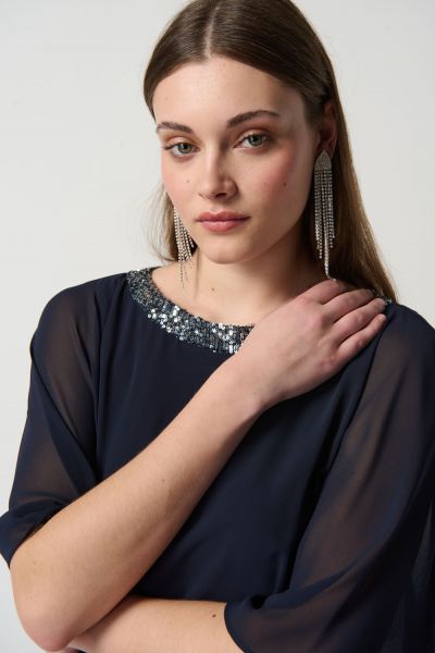 Joseph Ribkoff Midnight Blue/Silver Sequin Detail Poncho Top Style 231738