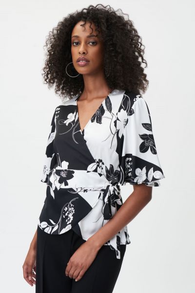 Joseph Ribkoff Vanilla/Black Floral Wrap Top With Bell Sleeves Style 232058