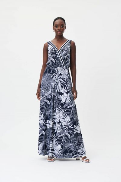 Joseph Ribkoff Midnight Blue/Vanilla Printed Maxi Fit and Flare Dress Style 232274