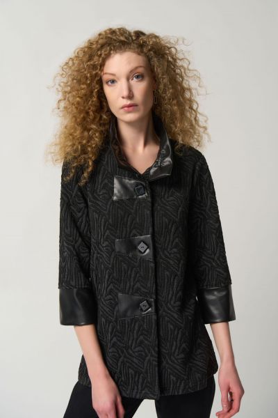 Joseph Ribkoff Grey Mélange/Black Shirred Collar Trapeze Jacket Style 233059