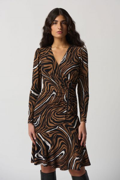 Joseph Ribkoff Black/Multi Ruched Wrap Dress Style 233221