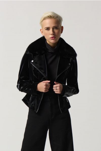 Joseph Ribkoff Black Faux-Leather Moto Jacket Style 233928