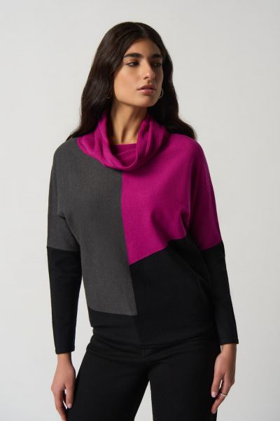 Joseph Ribkoff Opulence/Grey/Black Colour-Block Cowl Neck Sweater Style 233954
