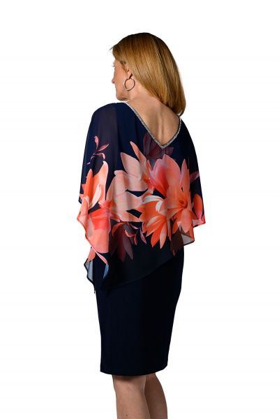Frank Lyman Navy/Coral Floral Print Chiffon Dress Style 238348