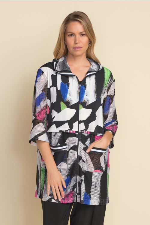 Joseph Ribkoff Black/White/Multi Abstract Print Twin Set Style 212108