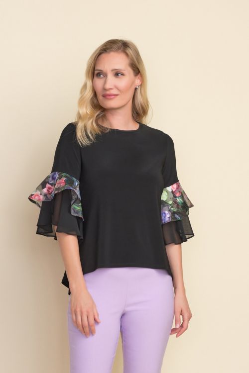 Joseph Ribkoff Ruffled Black/Multi Sleeve Top Style 212145