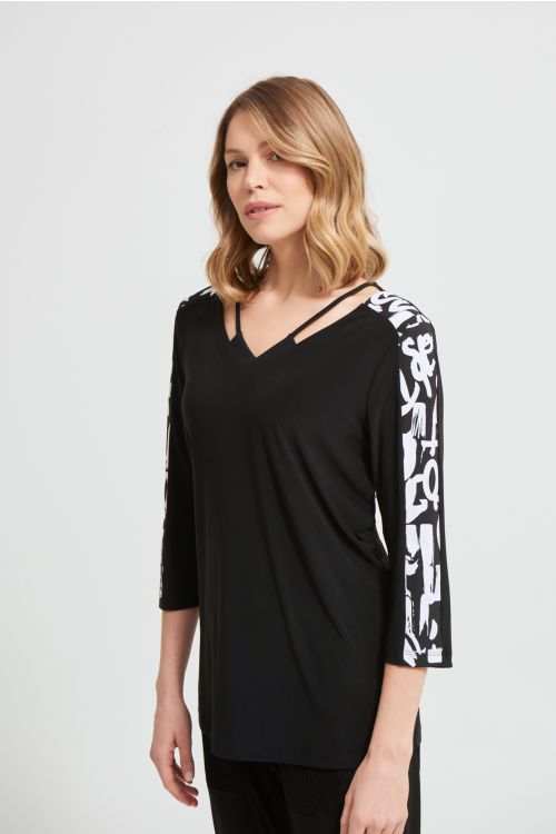 Joseph Ribkoff Black/Vanilla Geometric Trim Top  Style 213568