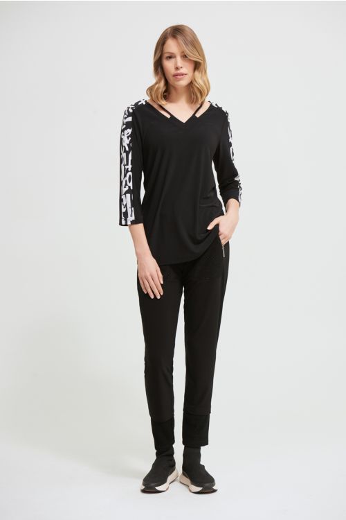 Joseph Ribkoff Black/Vanilla Geometric Trim Top  Style 213568