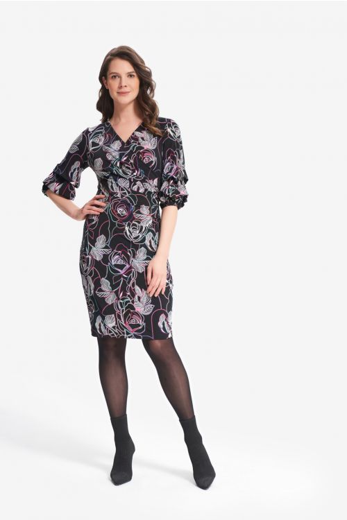 Joseph Ribkoff Black/Multi Ruffle Sleeved Floral Dress Style 214134