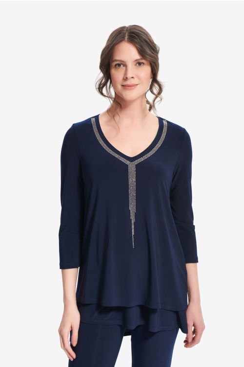 Joseph Ribkoff Midnight Blue Rhinestone Detail Top Style 214271 - Main Image