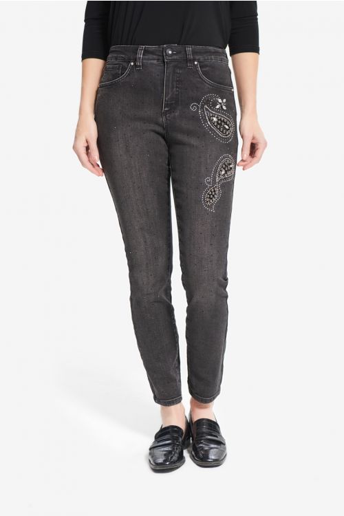 Joseph Ribkoff Charcoal/Dark Grey Rhinestone & Rivet Jeans Style 214929 - Main Image