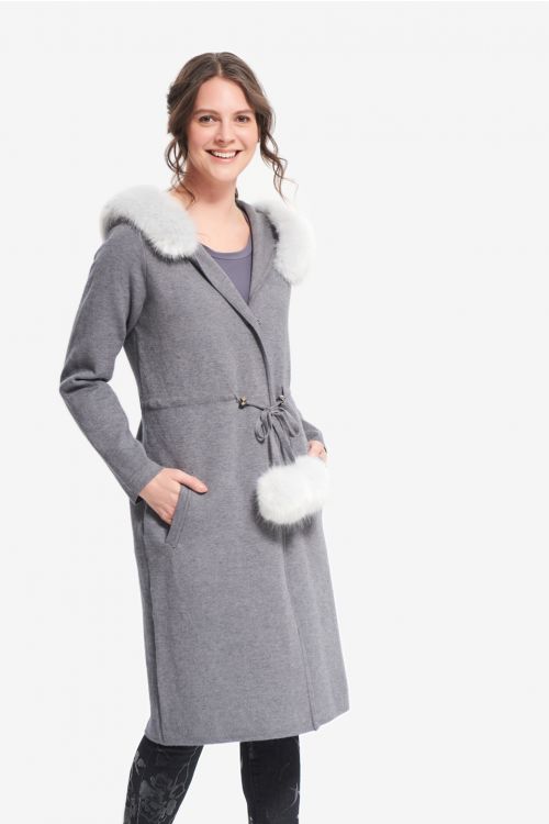 Joseph Ribkoff Light Grey Faux Fur Trim Coat Style 214942 - Main Image