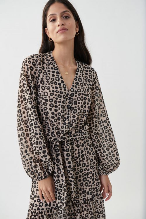 Joseph Ribkoff V-Shape Neck Black/Beige Leopard Print Top Style 222032