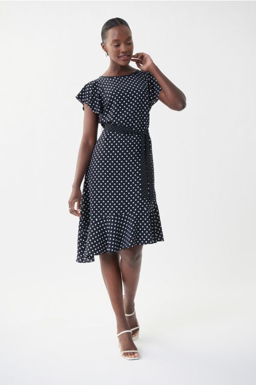 Joseph Ribkoff Midnight Blue/Vanilla Dot & Ruffle Dress Style 222212