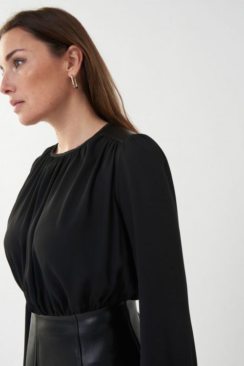 Joseph Ribkoff Black Top with Faux Leather Trim Style 223301