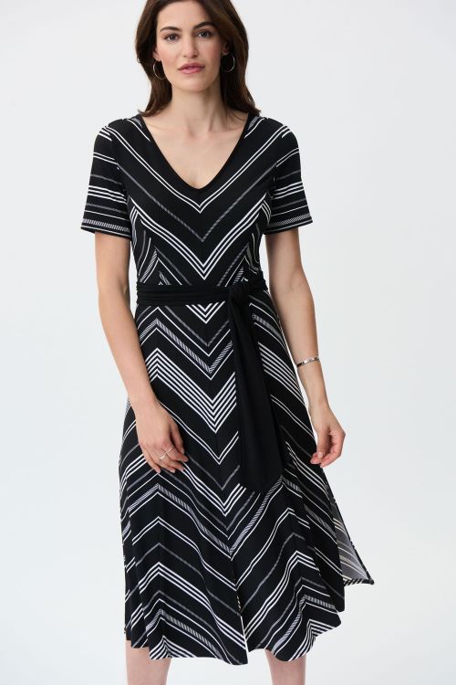 Joseph Ribkoff Black/Vanilla Fit And Flare Striped Midi Dress Style 231074