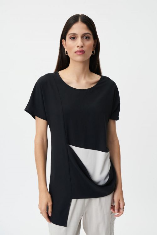 Joseph Ribkoff Black/Moonstone Asymmetrical Color-Blocked Top Style 232060