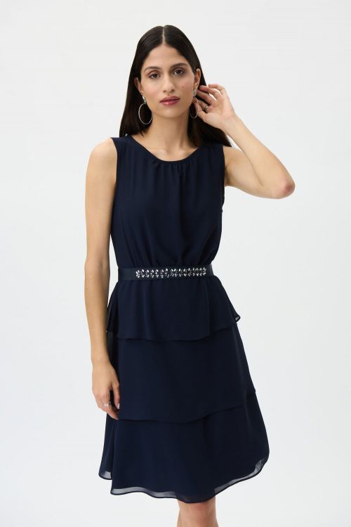 Joseph Ribkoff Midnight Blue Chiffon Trapeze Tiered Dress Style 232117