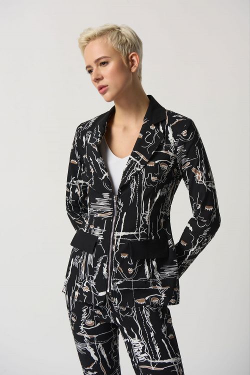 Joseph Ribkoff Black/Multi Fitted Patterned Zipper Blazer Style 233013