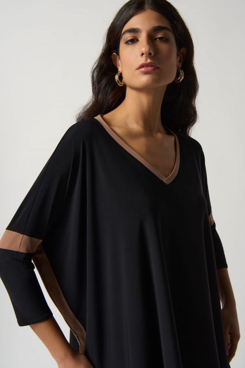 Joseph Ribkoff Black/Nutmeg Colour-Block V-Neck Top Style 233101