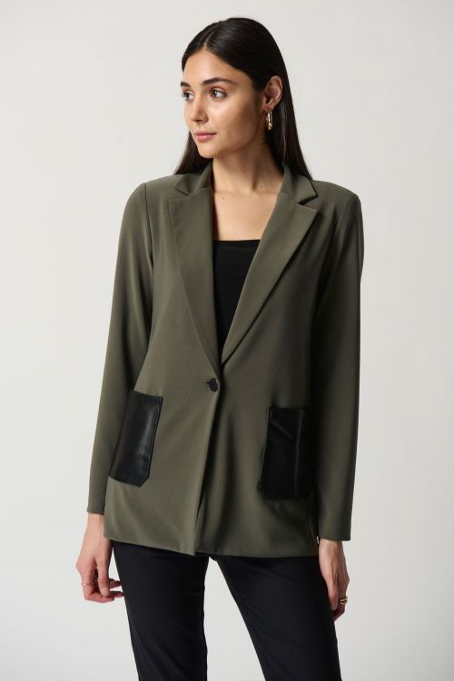 Joseph Ribkoff Avocado/Black Faux-Leather Pocket Blazer Style 233108