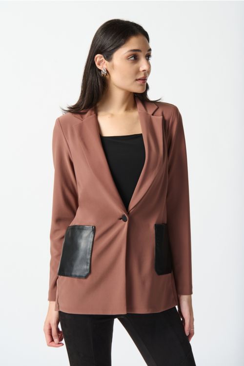 Joseph Ribkoff Toffee/Black Faux-Leather Pocket Blazer Style 233108