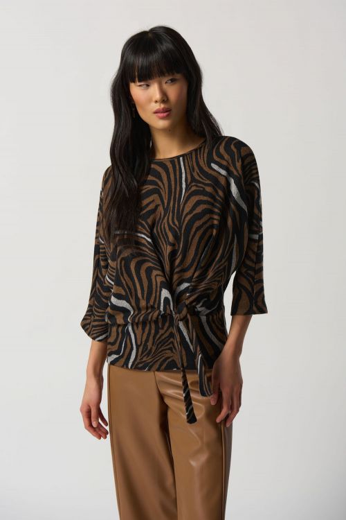 Joseph Ribkoff Black/Multi Side Knot Boxy Top Style 233150