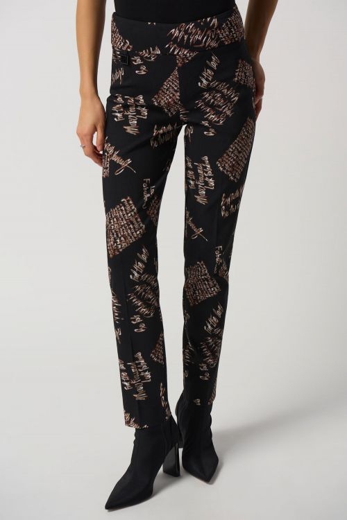 Joseph Ribkoff Black/Multi Word Print Slim-Fit Pants Style 233286