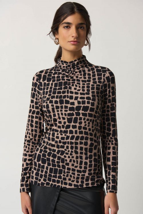 Joseph Ribkoff Black/Latte Mock Neck Animal Print Top Style 233290