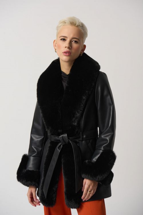 Joseph Ribkoff Black Leatherette Coat With Faux Fur Style 233927